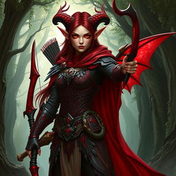 A striking Dungeons & Dragons character, an elf with fey'ri lineage, showcasing elegant elven features combined with demonic traits such as subtle horns and wings