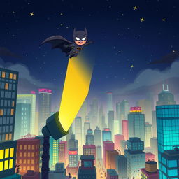 A vibrant cartoon superhero city scene featuring a dark knight in a bat-themed costume soaring over the cityscape