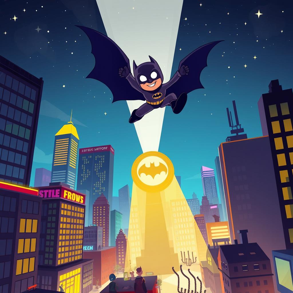 A vibrant cartoon superhero city scene featuring a dark knight in a bat-themed costume soaring over the cityscape