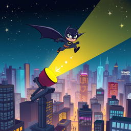 A vibrant cartoon superhero city scene featuring a dark knight in a bat-themed costume soaring over the cityscape