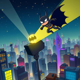 A vibrant cartoon superhero city scene featuring a dark knight in a bat-themed costume soaring over the cityscape