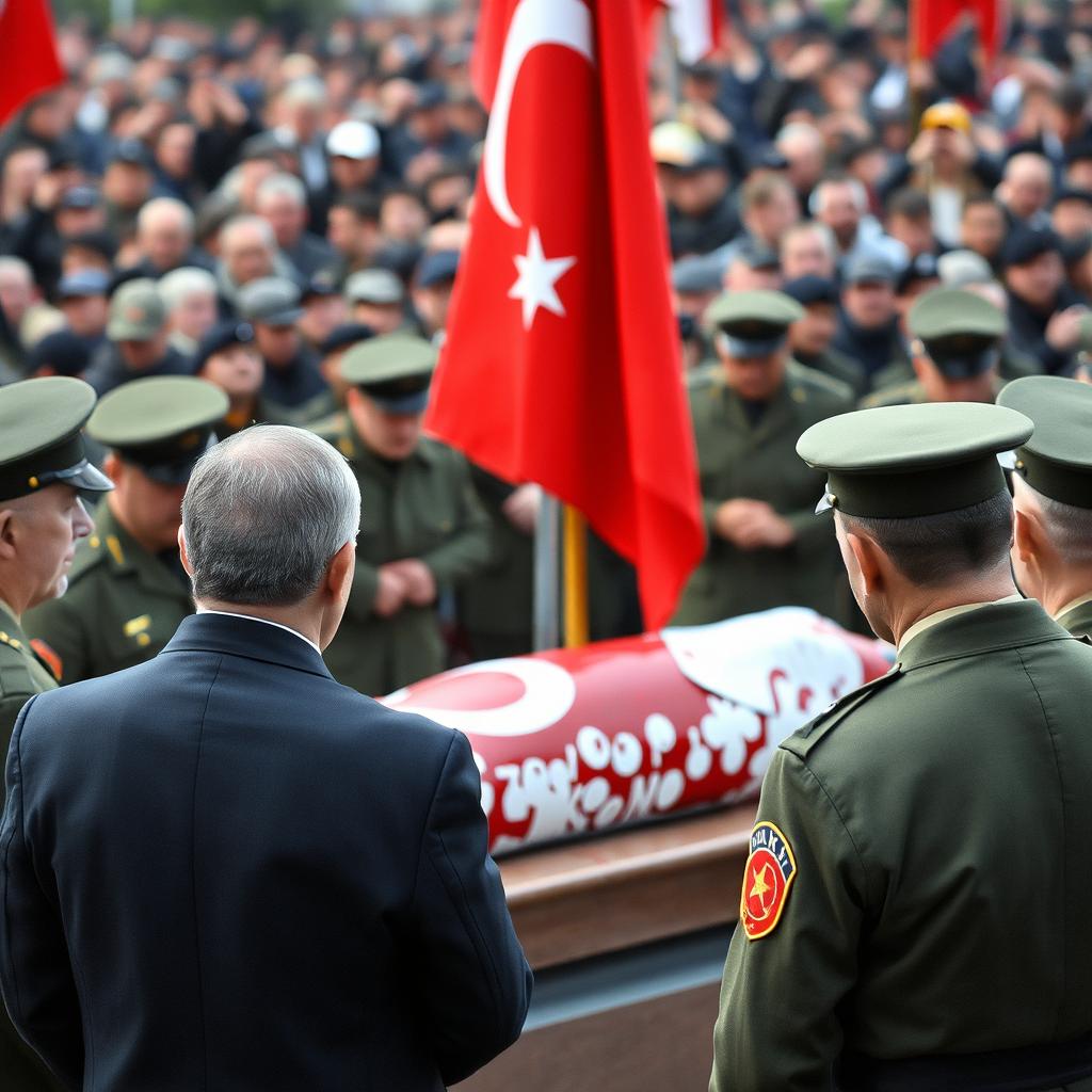 Recep Tayyip Erdogan watches a somber and respectful ceremony, where the bloodied body of a Turkish soldier is being honored