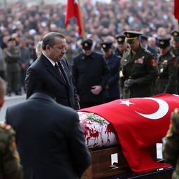 Recep Tayyip Erdogan watches a somber and respectful ceremony, where the bloodied body of a Turkish soldier is being honored