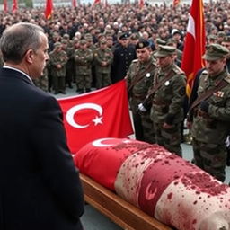 Recep Tayyip Erdogan watches a somber and respectful ceremony, where the bloodied body of a Turkish soldier is being honored