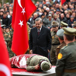 Recep Tayyip Erdogan watches a somber and respectful ceremony, where the bloodied body of a Turkish soldier is being honored