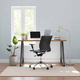 Design an office desk area in a room, positioned in front of a window