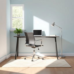 Design an office desk area in a room, positioned in front of a window