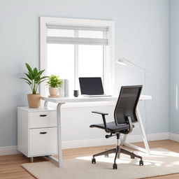 Design an office desk area in a room, positioned in front of a window