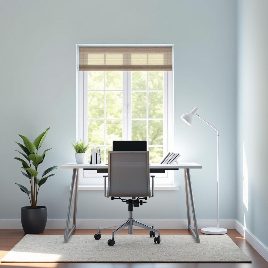 Design an office desk area in a room, positioned in front of a window