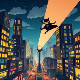 A lively cartoon superhero city depicted at night, with a mysterious blurry figure in black flying over a large projector casting a distinctive signal into the sky