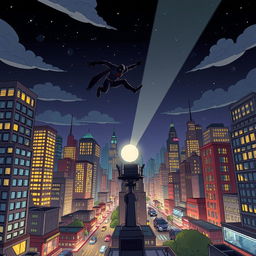 A lively cartoon superhero city depicted at night, with a mysterious blurry figure in black flying over a large projector casting a distinctive signal into the sky