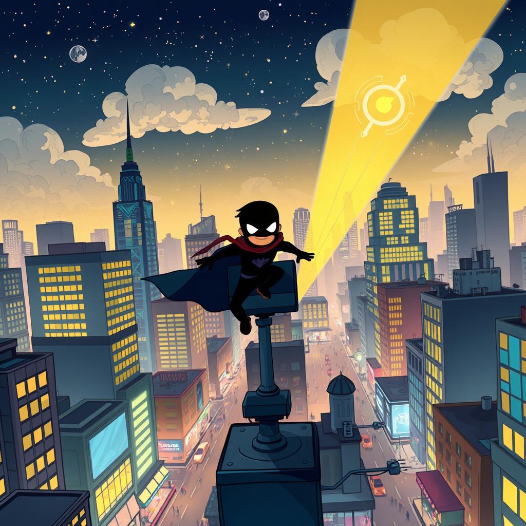 A lively cartoon superhero city depicted at night, with a mysterious blurry figure in black flying over a large projector casting a distinctive signal into the sky