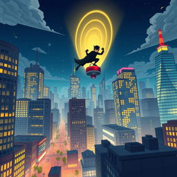 A lively cartoon superhero city depicted at night, with a mysterious blurry figure in black flying over a large projector casting a distinctive signal into the sky