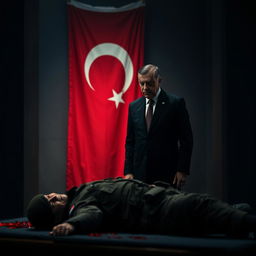 A solemn and grave scene featuring Recep Tayyip Erdogan, the President of Turkey, standing with a somber expression, watching over the lifeless body of a Turkish soldier