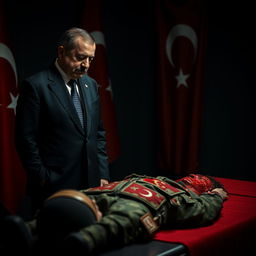 A solemn and grave scene featuring Recep Tayyip Erdogan, the President of Turkey, standing with a somber expression, watching over the lifeless body of a Turkish soldier