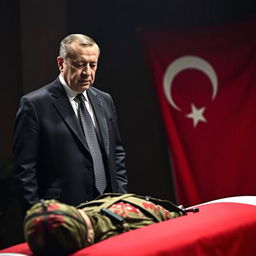 A solemn and grave scene featuring Recep Tayyip Erdogan, the President of Turkey, standing with a somber expression, watching over the lifeless body of a Turkish soldier