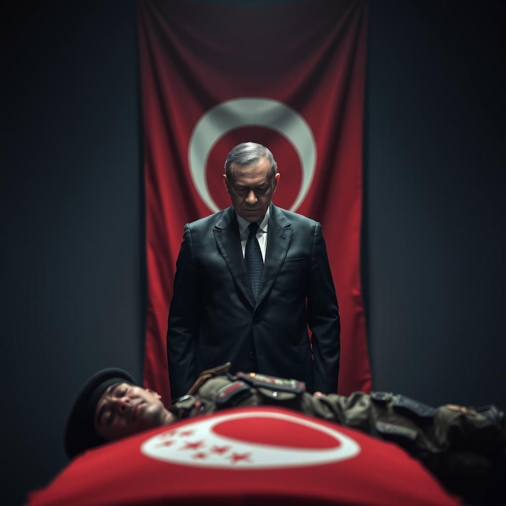 A solemn and grave scene featuring Recep Tayyip Erdogan, the President of Turkey, standing with a somber expression, watching over the lifeless body of a Turkish soldier