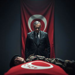 A solemn and grave scene featuring Recep Tayyip Erdogan, the President of Turkey, standing with a somber expression, watching over the lifeless body of a Turkish soldier