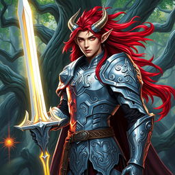 A majestic Dungeons & Dragons character, a male elf with fey'ri blood, featuring noble elven features blended with subtle demonic traits like subtle horns