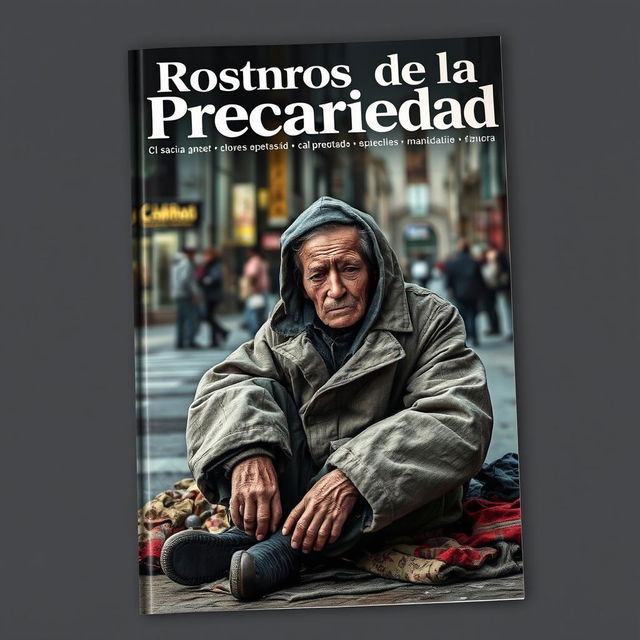 A striking magazine cover titled 'Rostros de la Precariedad' with a poignant image of a homeless person as the central focus