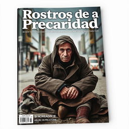 A striking magazine cover titled 'Rostros de la Precariedad' with a poignant image of a homeless person as the central focus