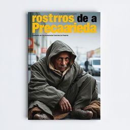 A striking magazine cover titled 'Rostros de la Precariedad' with a poignant image of a homeless person as the central focus