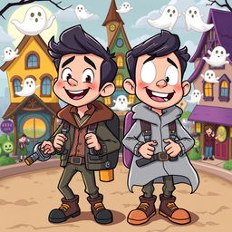 A whimsical cartoon scene featuring two brothers, each with distinct personalities, as they embark on an adventurous ghost-hunting mission