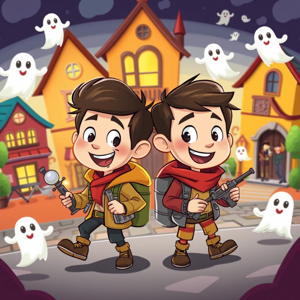 A whimsical cartoon scene featuring two brothers, each with distinct personalities, as they embark on an adventurous ghost-hunting mission