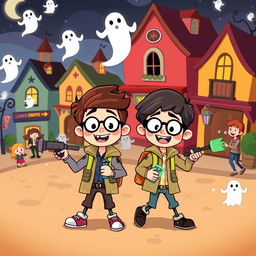 A whimsical cartoon scene featuring two brothers, each with distinct personalities, as they embark on an adventurous ghost-hunting mission