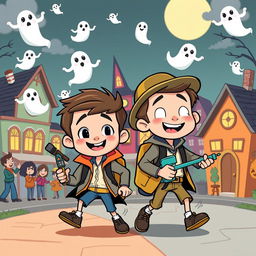 A whimsical cartoon scene featuring two brothers, each with distinct personalities, as they embark on an adventurous ghost-hunting mission