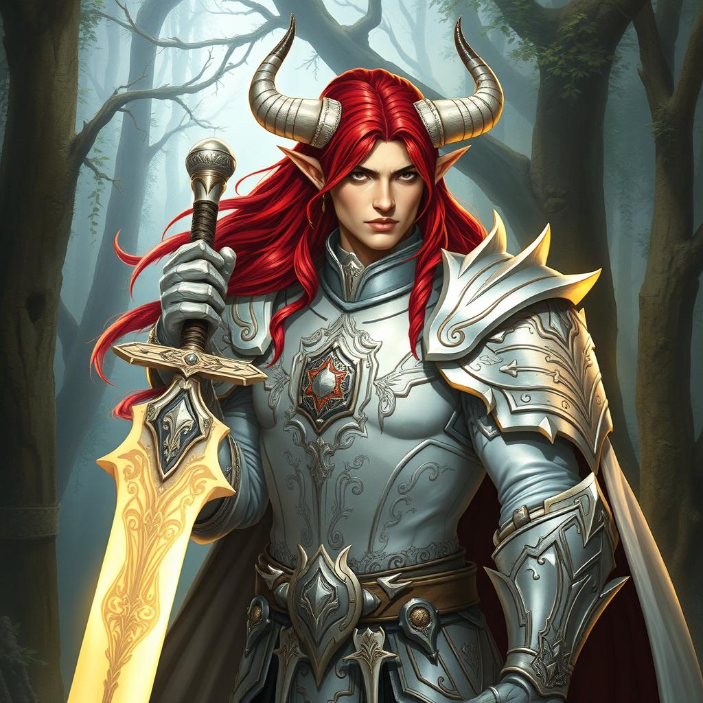 A formidable Dungeons & Dragons character, a male elf with pronounced fey'ri heritage, featuring elegant elven features combined with prominent bull horns