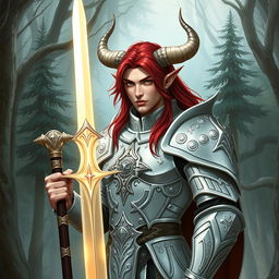 A formidable Dungeons & Dragons character, a male elf with pronounced fey'ri heritage, featuring elegant elven features combined with prominent bull horns