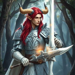 A formidable Dungeons & Dragons character, a male elf with pronounced fey'ri heritage, featuring elegant elven features combined with prominent bull horns