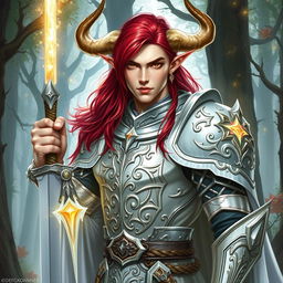 A formidable Dungeons & Dragons character, a male elf with pronounced fey'ri heritage, featuring elegant elven features combined with prominent bull horns