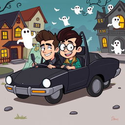 A whimsical cartoon scene featuring two brothers with contrasting personalities – one handsome and stylish, the other nerdy and smart – as they hunt ghosts