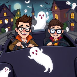 A whimsical cartoon scene featuring two brothers with contrasting personalities – one handsome and stylish, the other nerdy and smart – as they hunt ghosts