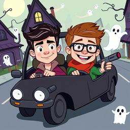 A whimsical cartoon scene featuring two brothers with contrasting personalities – one handsome and stylish, the other nerdy and smart – as they hunt ghosts