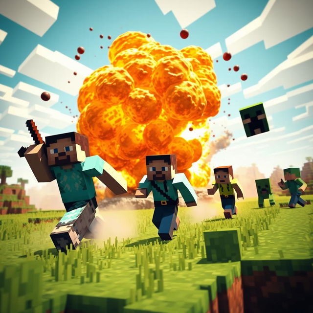 A dynamic Minecraft scene showcasing an explosion in the blocky world, with various characters running away from the blast