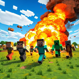 A dynamic Minecraft scene showcasing an explosion in the blocky world, with various characters running away from the blast