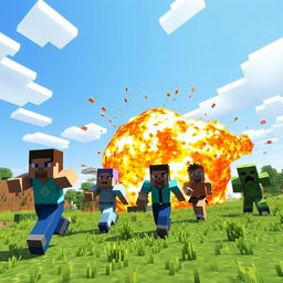 A dynamic Minecraft scene showcasing an explosion in the blocky world, with various characters running away from the blast