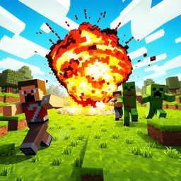 A dynamic Minecraft scene showcasing an explosion in the blocky world, with various characters running away from the blast