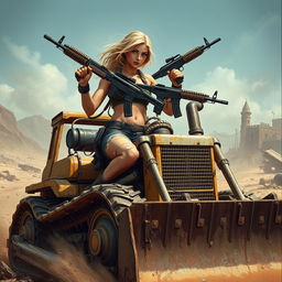 A daring and adventurous busty blonde girl confidently riding a powerful bulldozer through a rugged post-apocalyptic landscape