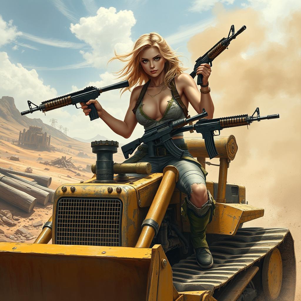 A daring and adventurous busty blonde girl confidently riding a powerful bulldozer through a rugged post-apocalyptic landscape