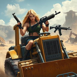 A daring and adventurous busty blonde girl confidently riding a powerful bulldozer through a rugged post-apocalyptic landscape