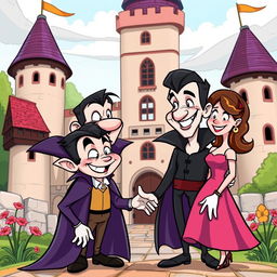 A whimsical medieval cartoon scene featuring a comical vampire meeting a pretty lady in front of a charming castle