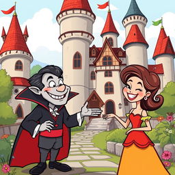 A whimsical medieval cartoon scene featuring a comical vampire meeting a pretty lady in front of a charming castle