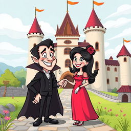 A whimsical medieval cartoon scene featuring a comical vampire meeting a pretty lady in front of a charming castle