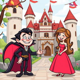 A whimsical medieval cartoon scene featuring a comical vampire meeting a pretty lady in front of a charming castle