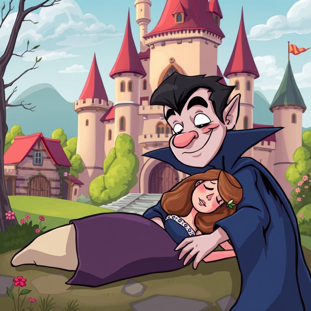 A whimsical medieval cartoon scene featuring a comical vampire observing a sleeping pretty lady in front of a charming castle