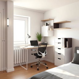 Design an office desk area in a room with specific measurements, featuring additional storage around the desk